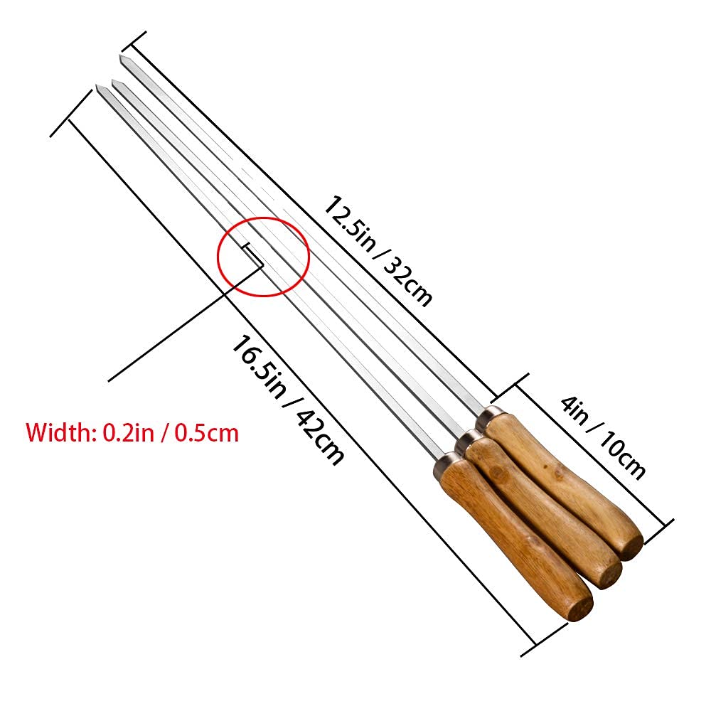 Imeea Flat Skewers For Kabobs Stainless Steel Kebab Skewers For Grilling 16.5 Inch Barbecue Skewers With Nonslip Wooden Handle,